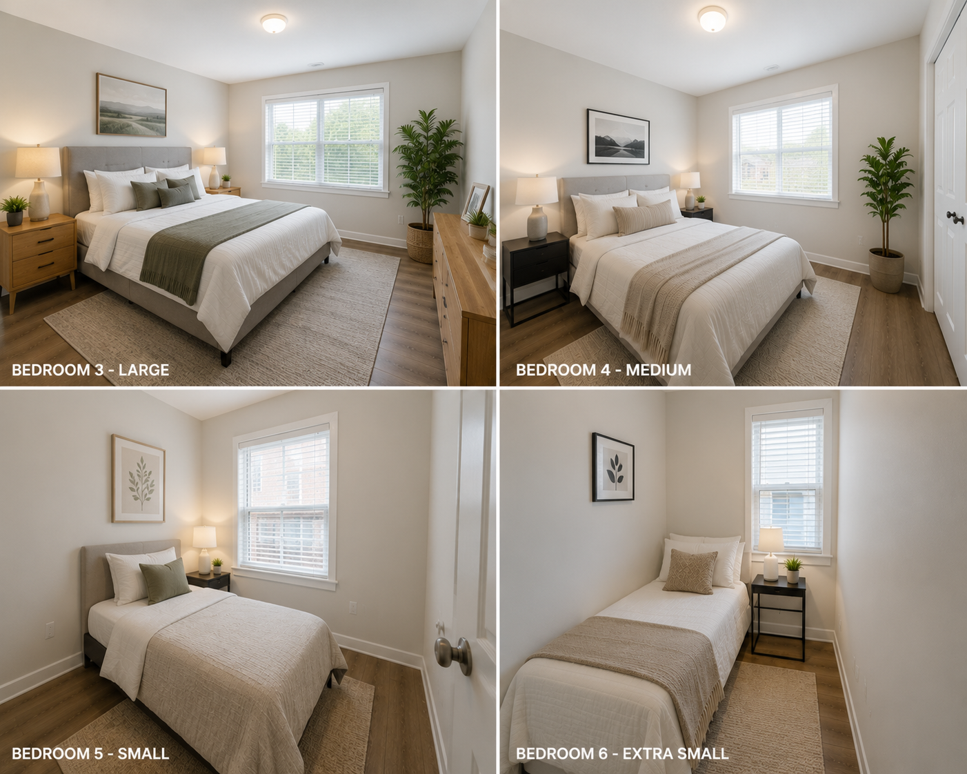 Available rooms — large, medium, small, and extra small bedroom options