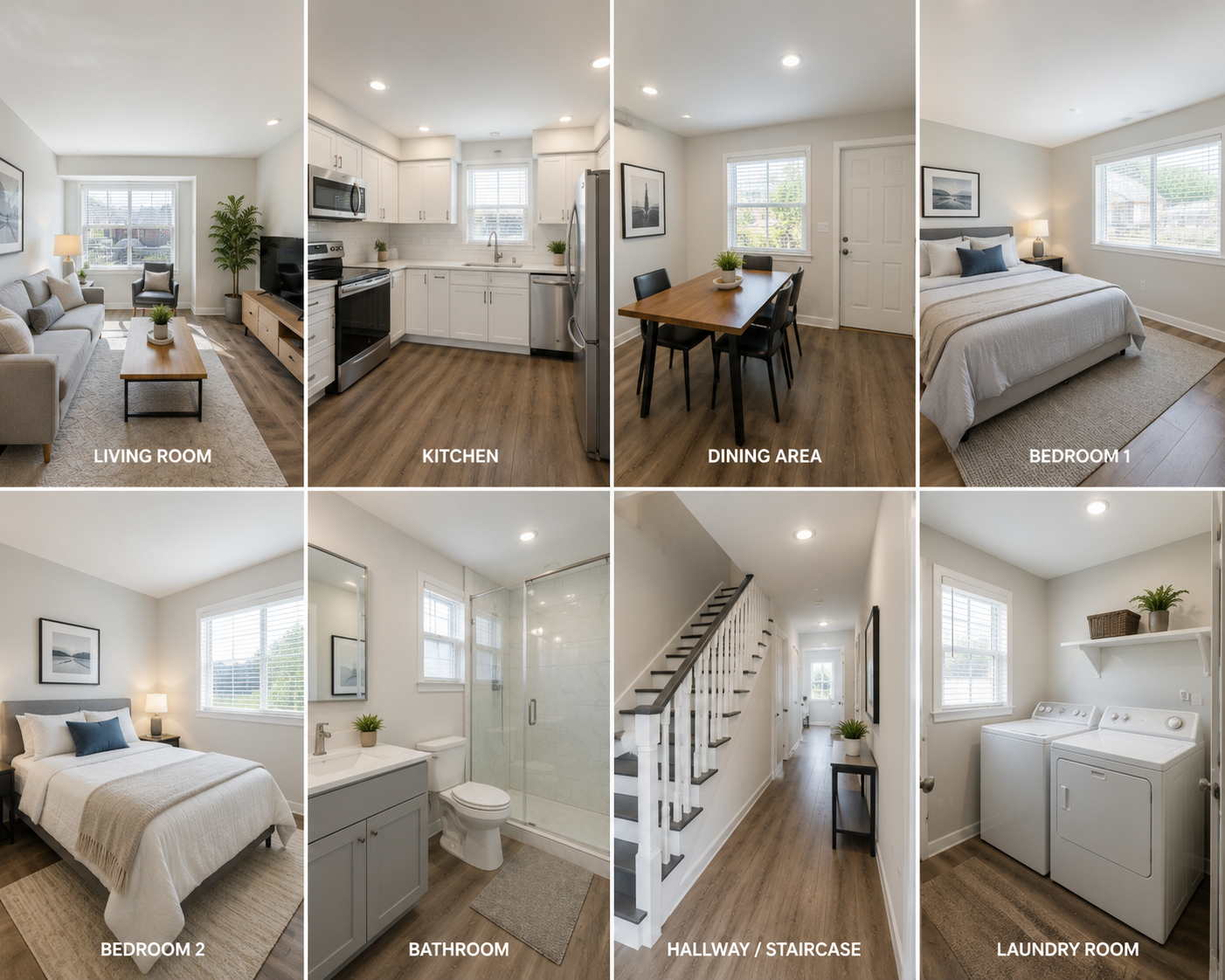 House common areas — living room, kitchen, dining area, bedrooms, bathroom, hallway, and laundry room